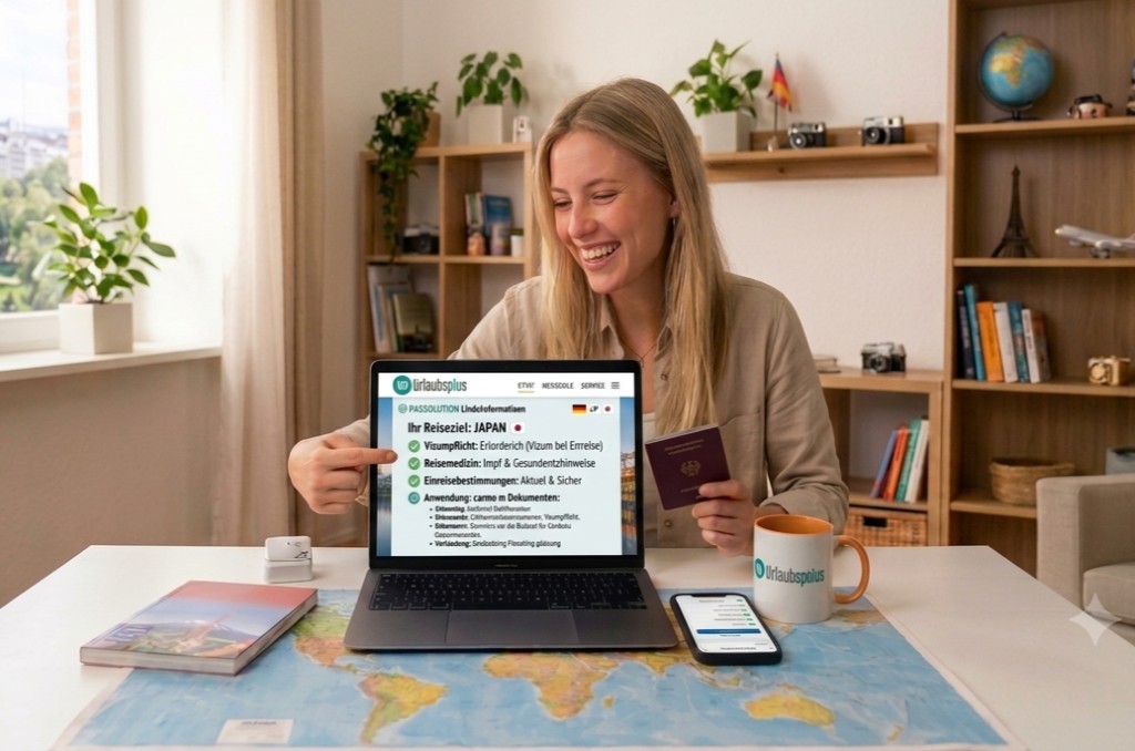 Eine junge Frau am Tisch mit Reisepass zeigt lächelnd auf einen Laptop, der Reise- und Impfhinweise im Urlaubsplus-Design anzeigt. Eine junge Frau am Tisch mit Reisepass zeigt lächelnd auf einen Laptop, der Reise- und Impfhinweise im Urlaubsplus-Design anzeigt.